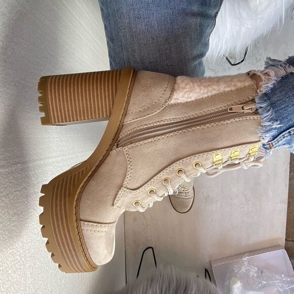 Beige Faux Fur Motorcycle Platform Booties - Picture 3 of 5